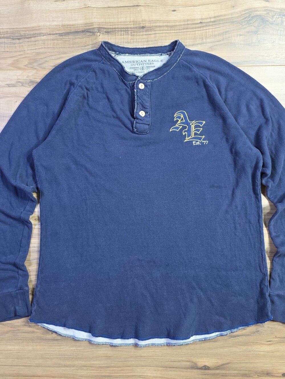 American Eagle Outfitters Retro Athletic Navy Blue Cotton Thermal Henley M Men